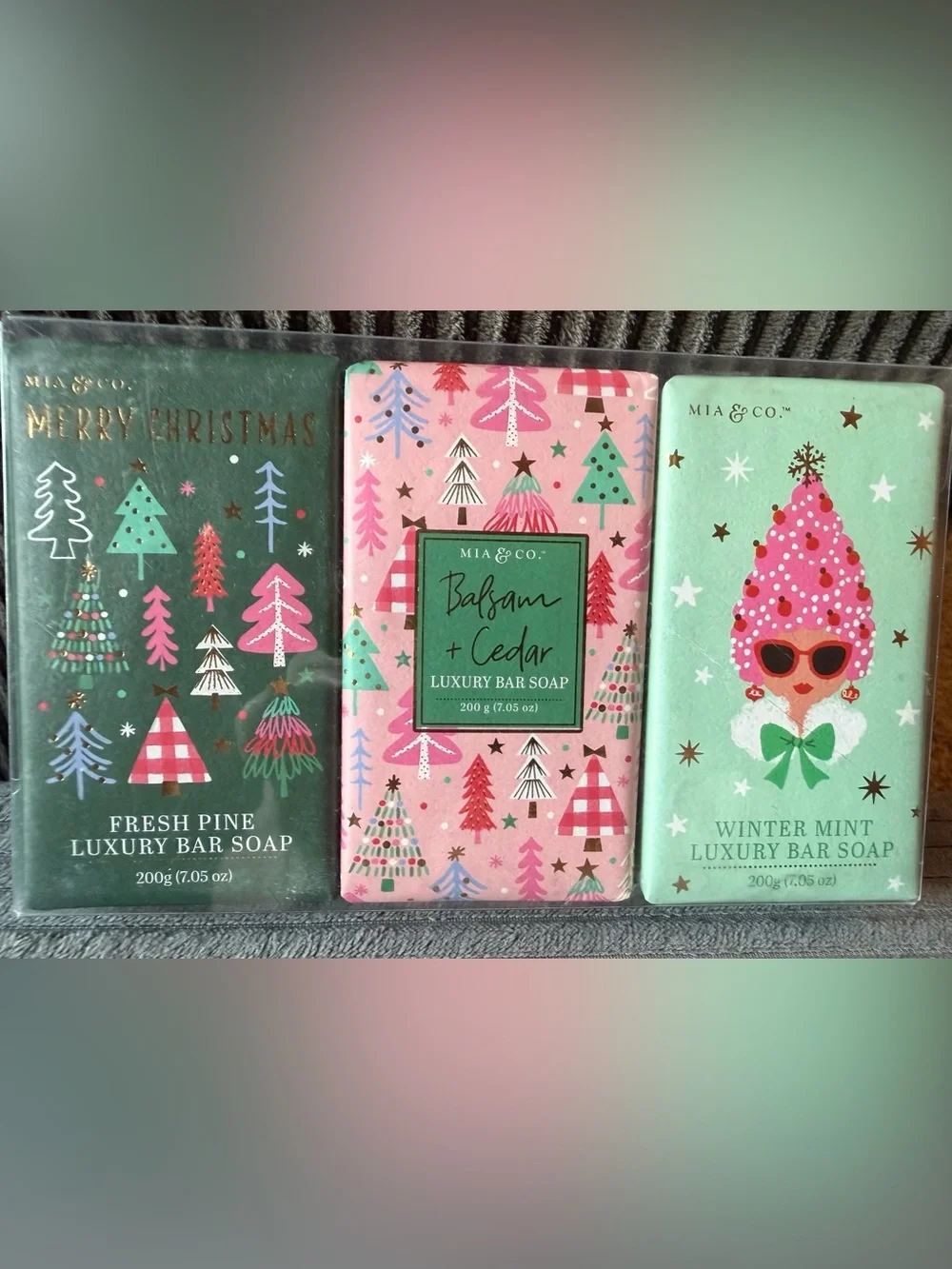 Set of 3 Luxury Balsam Cedar Luxury Bar Soap Christmas Flavors Mint Winter Gift